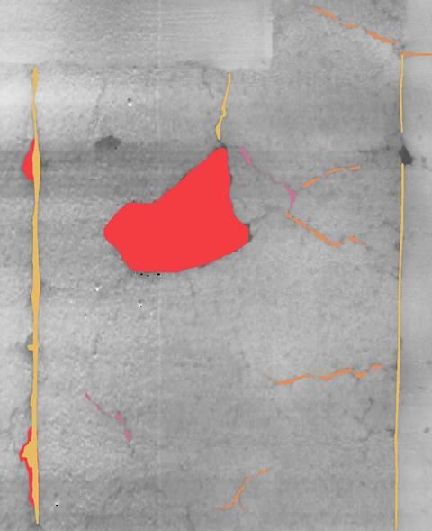 Road surface scan with an AI-detected pothole highlighted in red and cracks outlined in orange